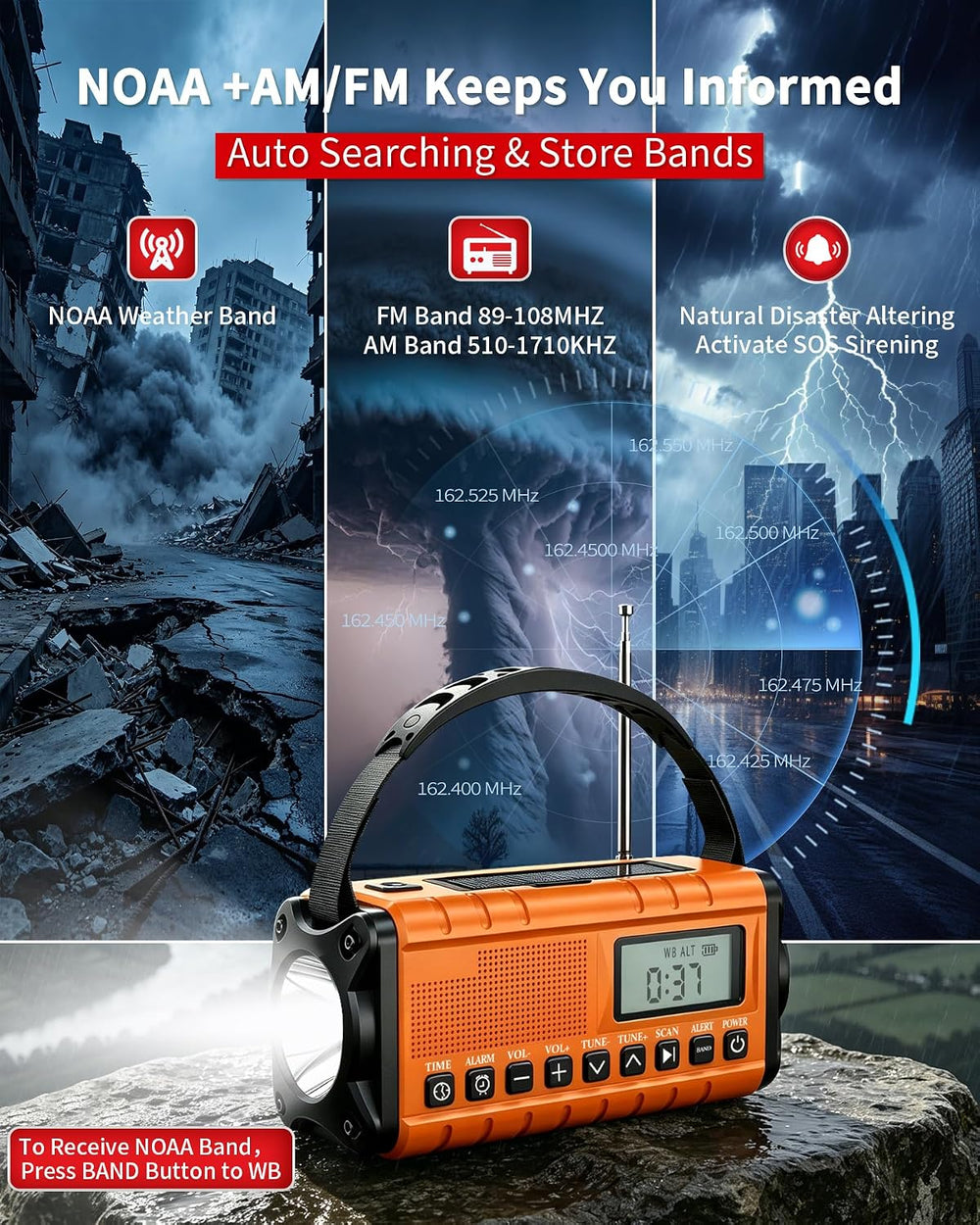 Hand Crank Emergency Radio Am Fm-10000mAh/37000mWh NOAA Weather Radio