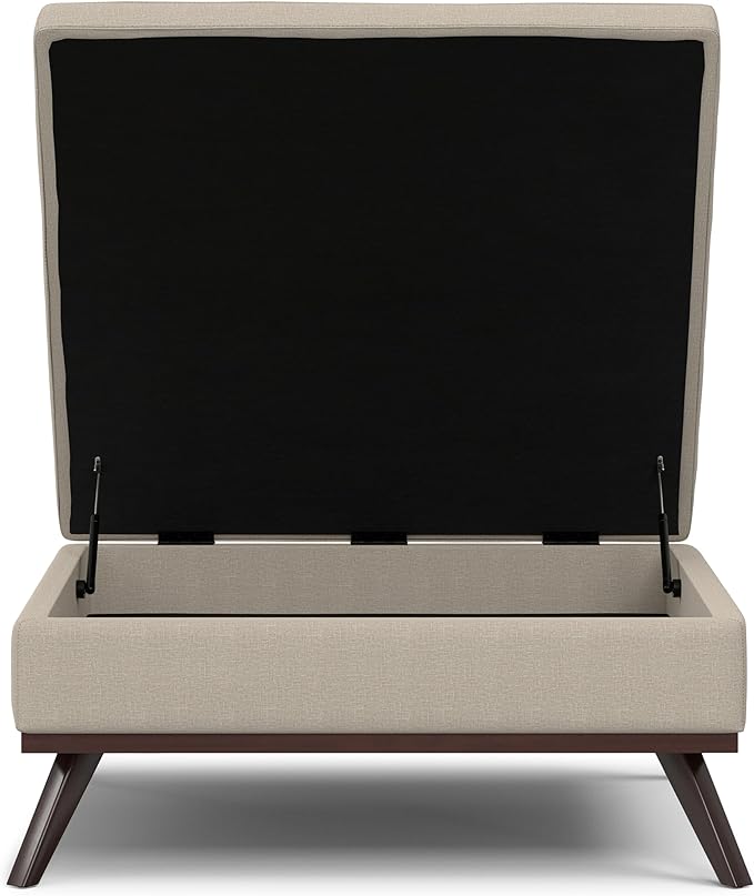 SIMPLIHOME Owen 40 inch Wide Mid Century Modern Square XL Coffee Table Storage Ottoman in Natural Polyester Fabric, Assembled, for The Living Room, Entryway and Family Room