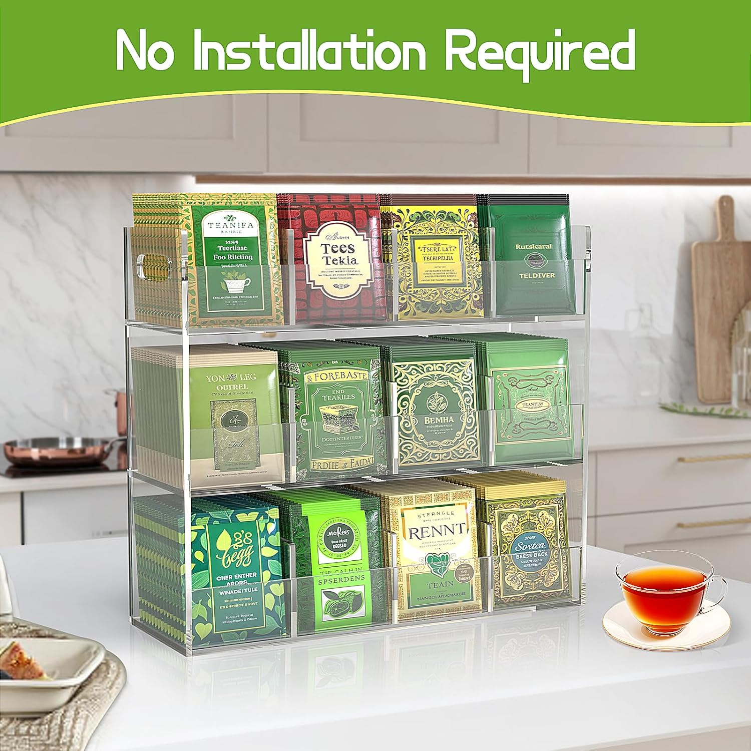 Jumyee 3-Tier Acrylic Tea Bag Organizer & Storage Box, 12 Compartment Portable Teabags Organizer for Cabinet Countertop, Coffee & Tea Station Organizer for Home Office