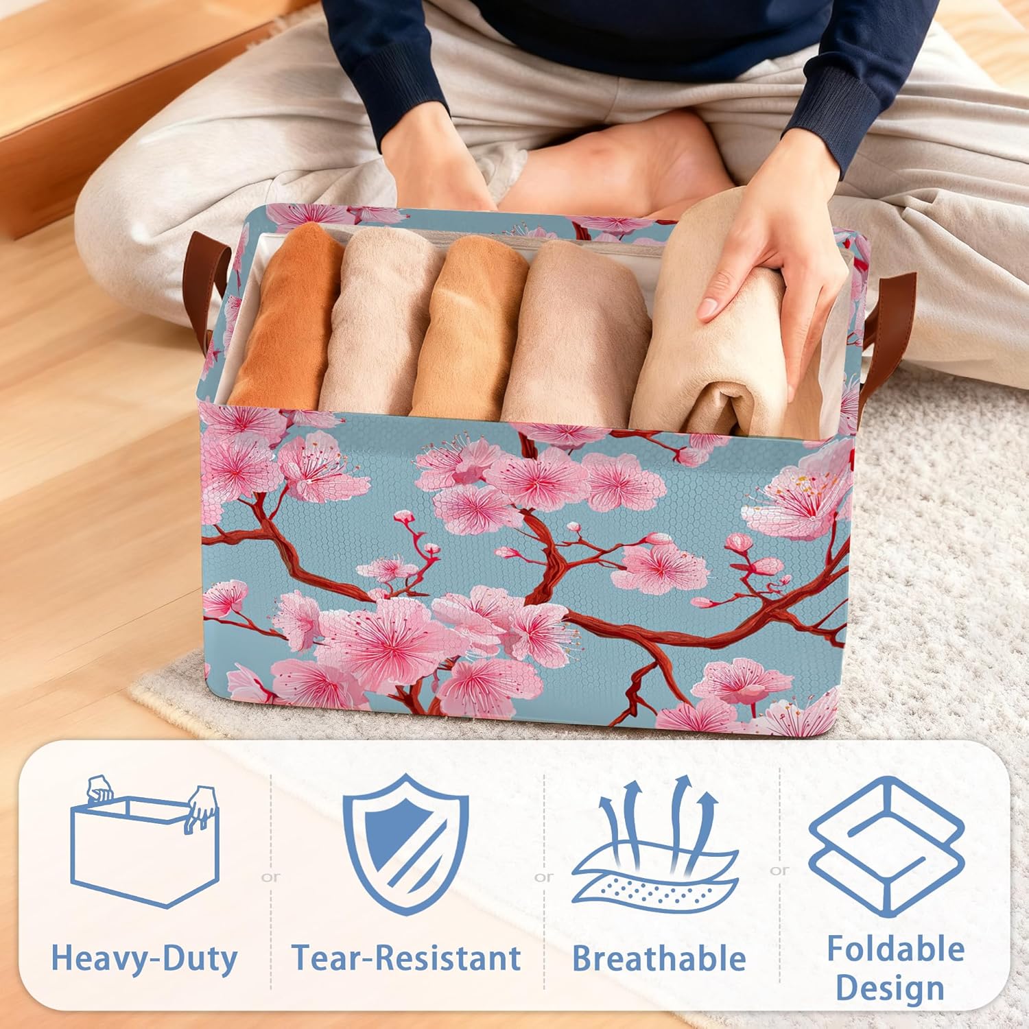 Cherry Blossoms Collapsible Storage Box,Japanese Organizer Bin with Handles for Room Decoration,Bins Book Basket Box 17x11.5x10Inch