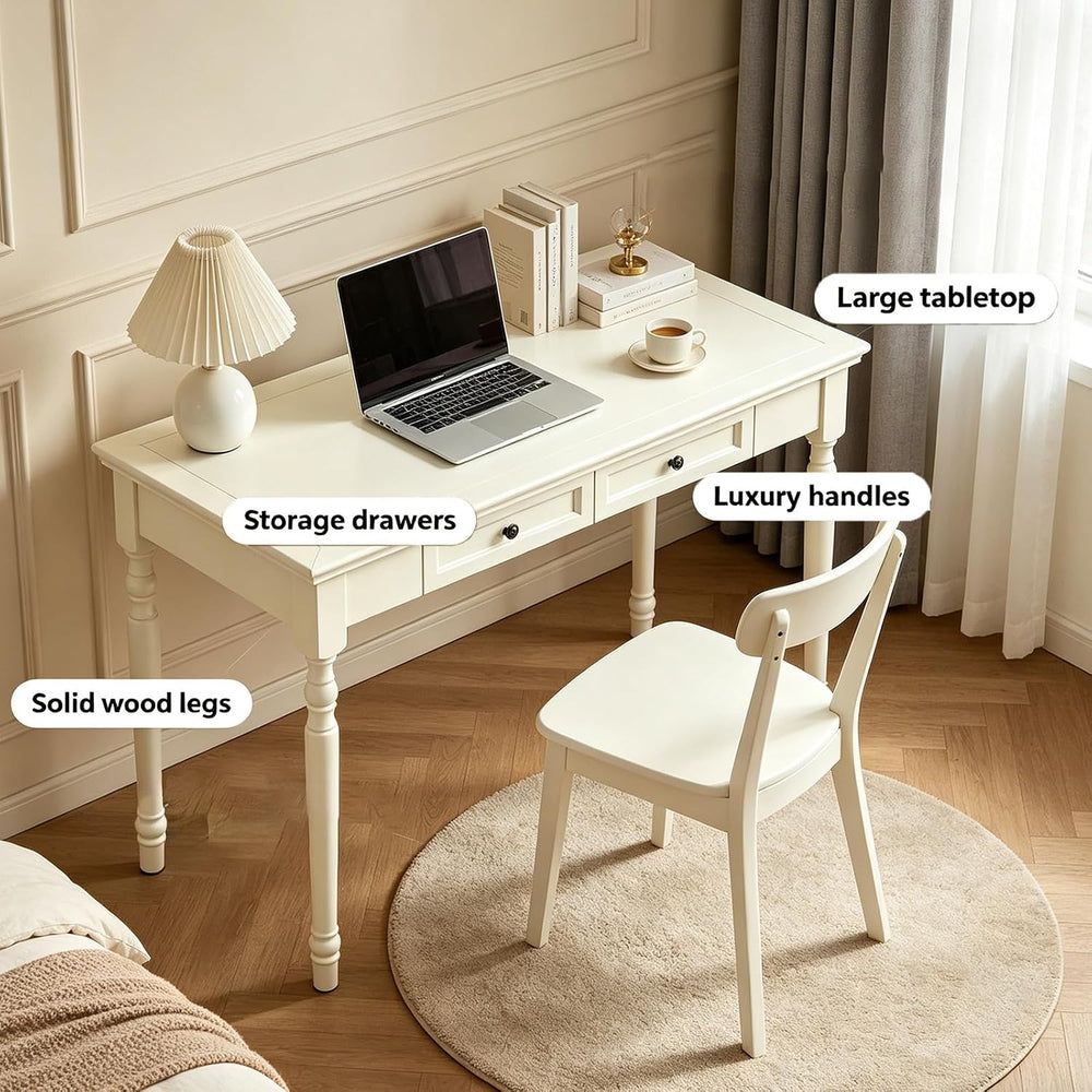 French Country Style Writing Desk with Drawers, White, 47''