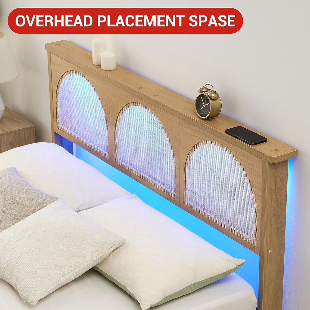 Queen Size Curved Rattan Headboard Platform Bed, Deluxe Bed with Built-in RGB...