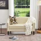 50" Faux Leather Small Barrel Love Seats Set of 2, Diamond Tufted Back Compact Loveseats Sofas with Nailhead Trim, Modern 2-Seater Couches with Solid Wood Legs for Small Spaces, Apartments, Cream