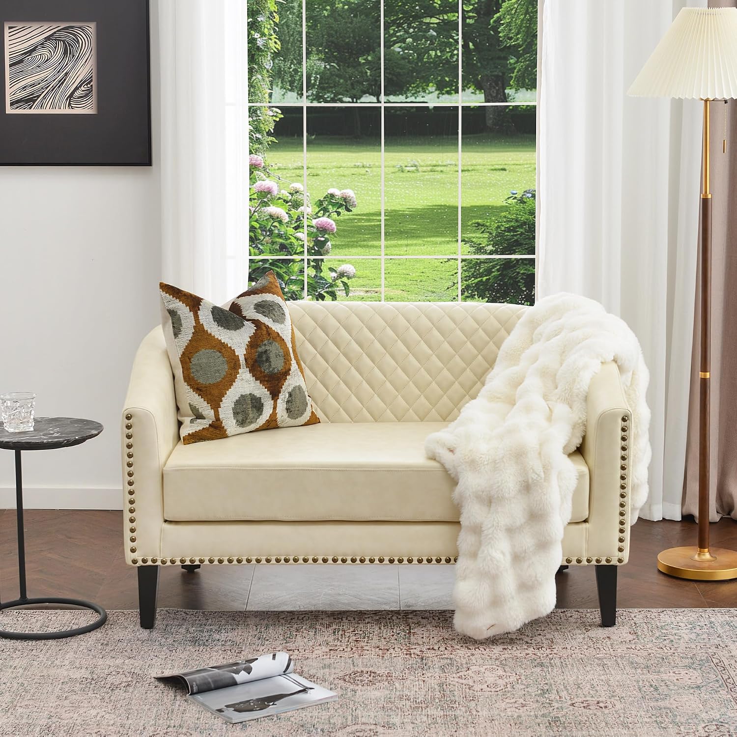50" Faux Leather Small Barrel Love Seats Set of 2, Diamond Tufted Back Compact Loveseats Sofas with Nailhead Trim, Modern 2-Seater Couches with Solid Wood Legs for Small Spaces, Apartments, Cream
