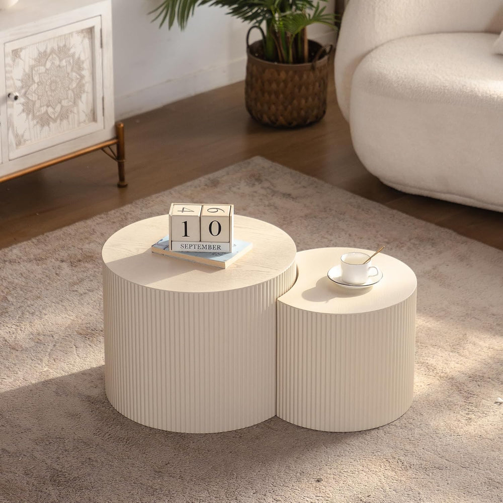 Round Wood Coffee Table Set od 2 for Small Space, Morden End Table, Fluted Si...