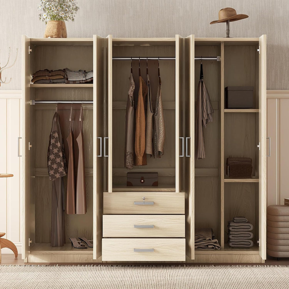 Merax Large 6 Doors Wooden Wardrobe, Bedroom Tall Armoire Closet Organizer wi...