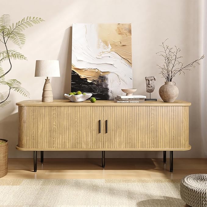 55''W Natural TV Stand Cabinet with Storage for TVs up to 60 Inch, Fluted TV Entertainment Center with Slatted Tambour Doors, Media Console for Living Room, Entryway