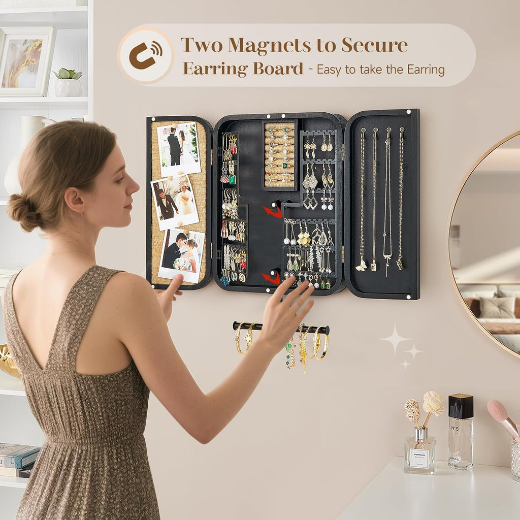 Pinzoveco Hanging Jewelry Organizer, Wall Mounted Jewelry Organizer for Earring Holder Organizer, Jewelry Cabinet Holder Jewelry Storage Box for Earrings, Necklaces, Bracelets, Ring Holder (Black)