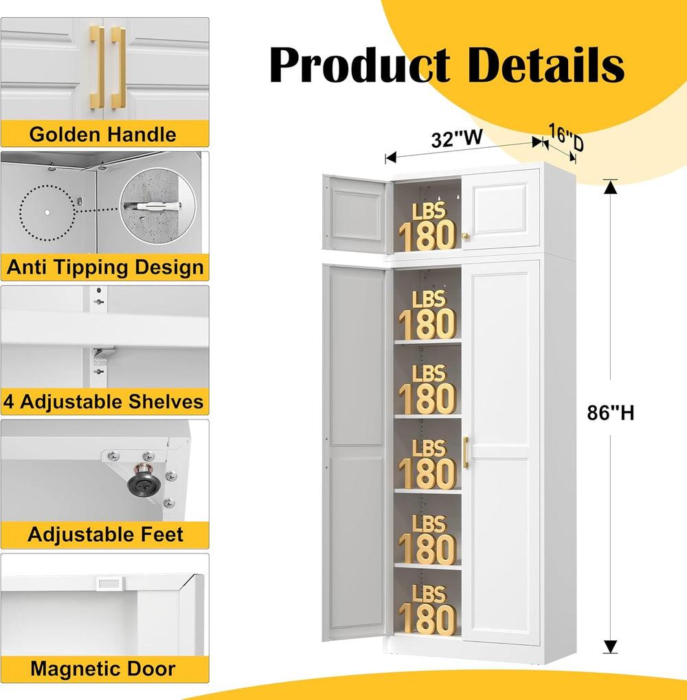 Steeloong86“ Kitchen Pantry Cabinet,Metal Storage Cabinets with Doors and 4 A...