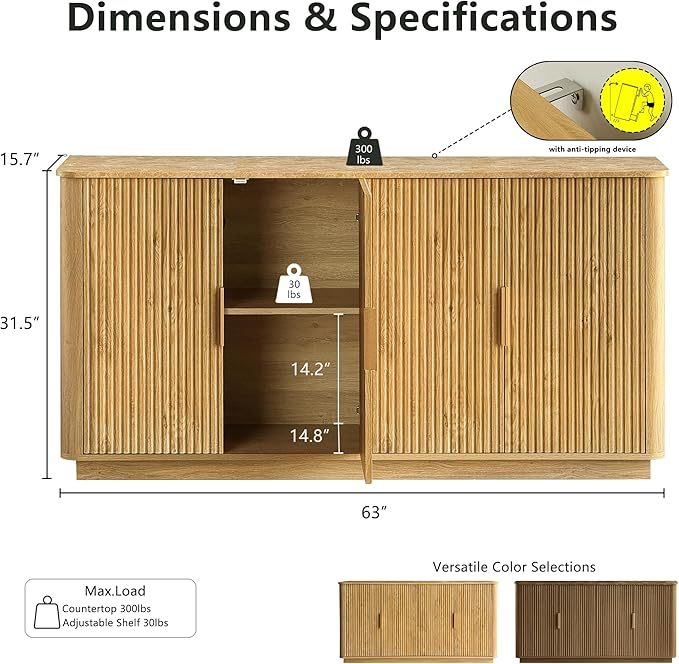 win2win 63" Fluted Sideboard Buffet Cabinet with Storage, Modern Credenza with Faux Marble Top, Curved Corners, Wood Boho Media TV Console Accent Cabinet for Living Room Kitchen Hallway, Oak