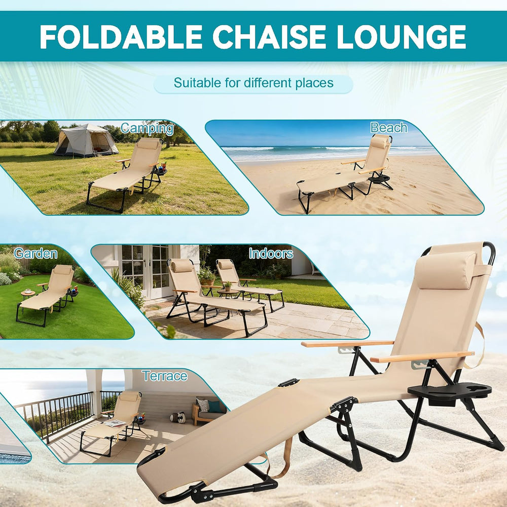 Beach Lounge Chair, Folding Outdoor Chaise Lounge Chair with Arms, 4-Position...