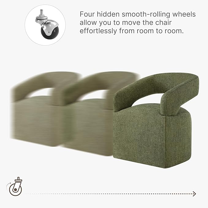 Upholstered Dining Chairs with Casters, Modern Barrel Side Armchair with Rollers for Dining Room, Bedroom, Kitchen, Reading Room, Green, Set of 1