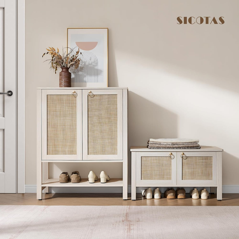 SICOTAS Rattan Shoe Rack Bench with Lift Top Storage: White Farmhouse Boho Sh...