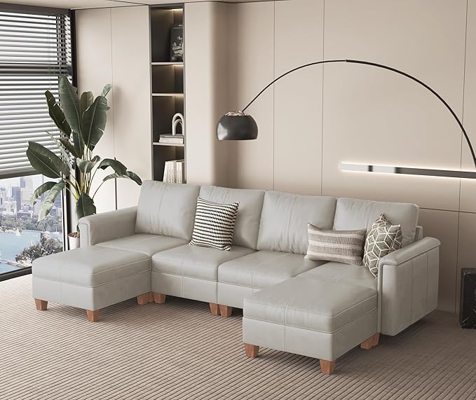 SITJOY 118" Faux Leather Modular Sectional Sofa with Storage, Mid Century Modern Sectional Couches for Living Room, Soft Padded Armrests, 4 Seater U-Shaped Couch with Ottoman, Greige