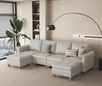 SITJOY 118" Faux Leather Modular Sectional Sofa with Storage, Mid Century Modern Sectional Couches for Living Room, Soft Padded Armrests, 4 Seater U-Shaped Couch with Ottoman, Greige