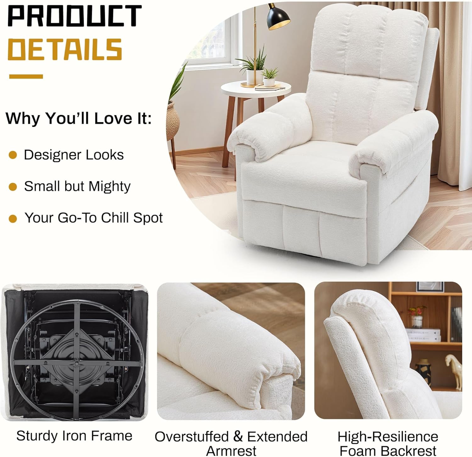Korser Recliner Chair, Swivel Rocker Recliner Chair for Adults, Small Recliners for Small Spaces, Upholstered Manual Recliner with Side Pockets, Nursery Rocking Chair for Living Room, Chenille, Beige