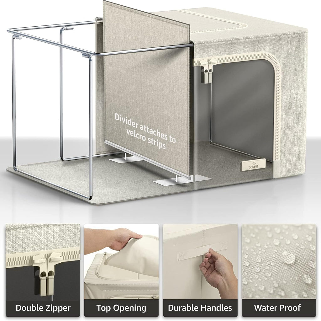 Sorbus Storage Bins with Divided Interior - Large Stackable & Foldable Organizer Containers with Metal Frame, Oxford Fabric, Large Window & Carry Handles - Organization for Bedroom, Linens & Clothes
