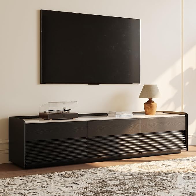 POVISON Fully-Assembled Mid Century Glossy Sintered Stone TV Stand, 78.74" Wood Media Console with Adjustable LED Light, Entertainment Center with Storage for Living Room