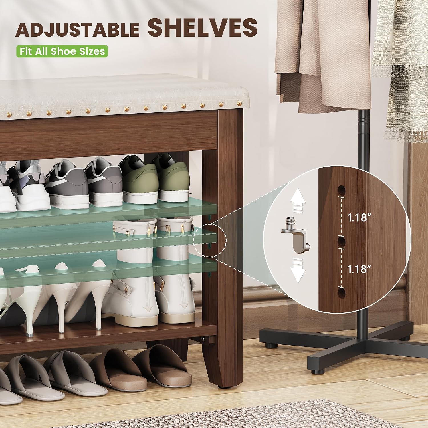Shoe Bench for Entryway, Solid Rubberwood Shoe Bench with Hidden Storage, Adjustable 2-Tier Shelves & Soft PU Leather Seat, Shoe Rack Durable Easy Assembly for Hallway or Bedroom - Beige, 23.6"