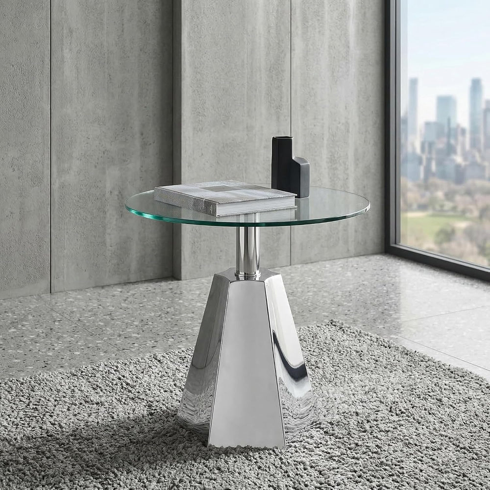 FT Global Round Glass Side Table, 19.7" Clear Tempered Glass Top with Ch...