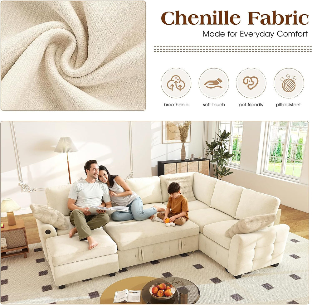 Ihanherry 106-inch Large L-Shaped Sectional Sofa Bed, 7-Seater Convertible Pu...