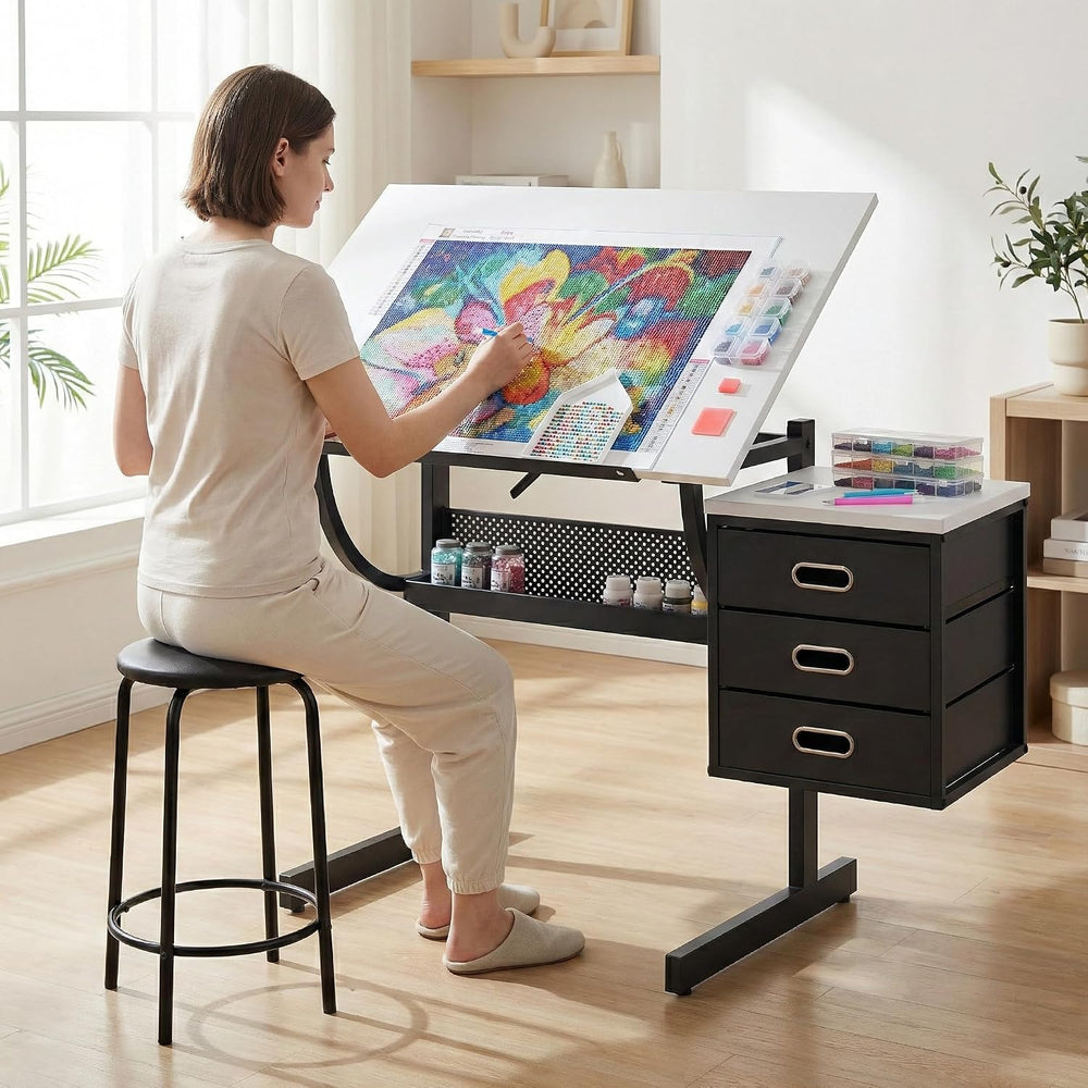 White Adjustable Drafting Table with Stool & 3 Drawers, Tilting Art Desk ...