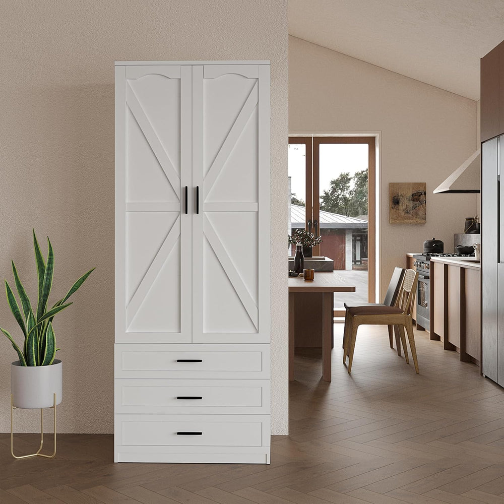 FJTJBSI 72" LED Kitchen Pantry Cabinet with 3 Drawers Farmhouse Tall Sto...