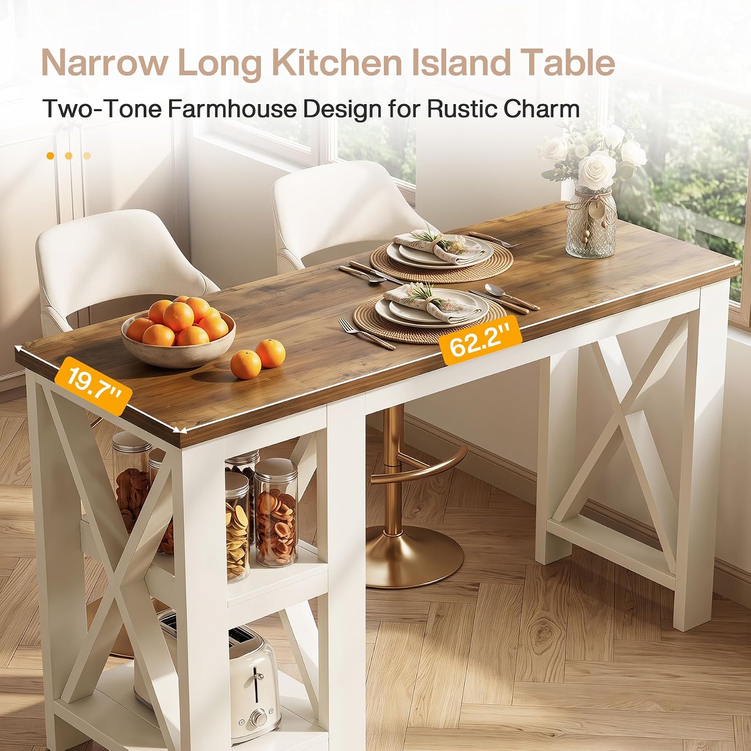 Tribesigns 62" Kitchen Island with Storage, Stationary Island Table | 2-Tier Open Storage Shelves, X-Frame Structure, Counter Height Table for Kitchen, Dining Room, Rustic Brown & White
