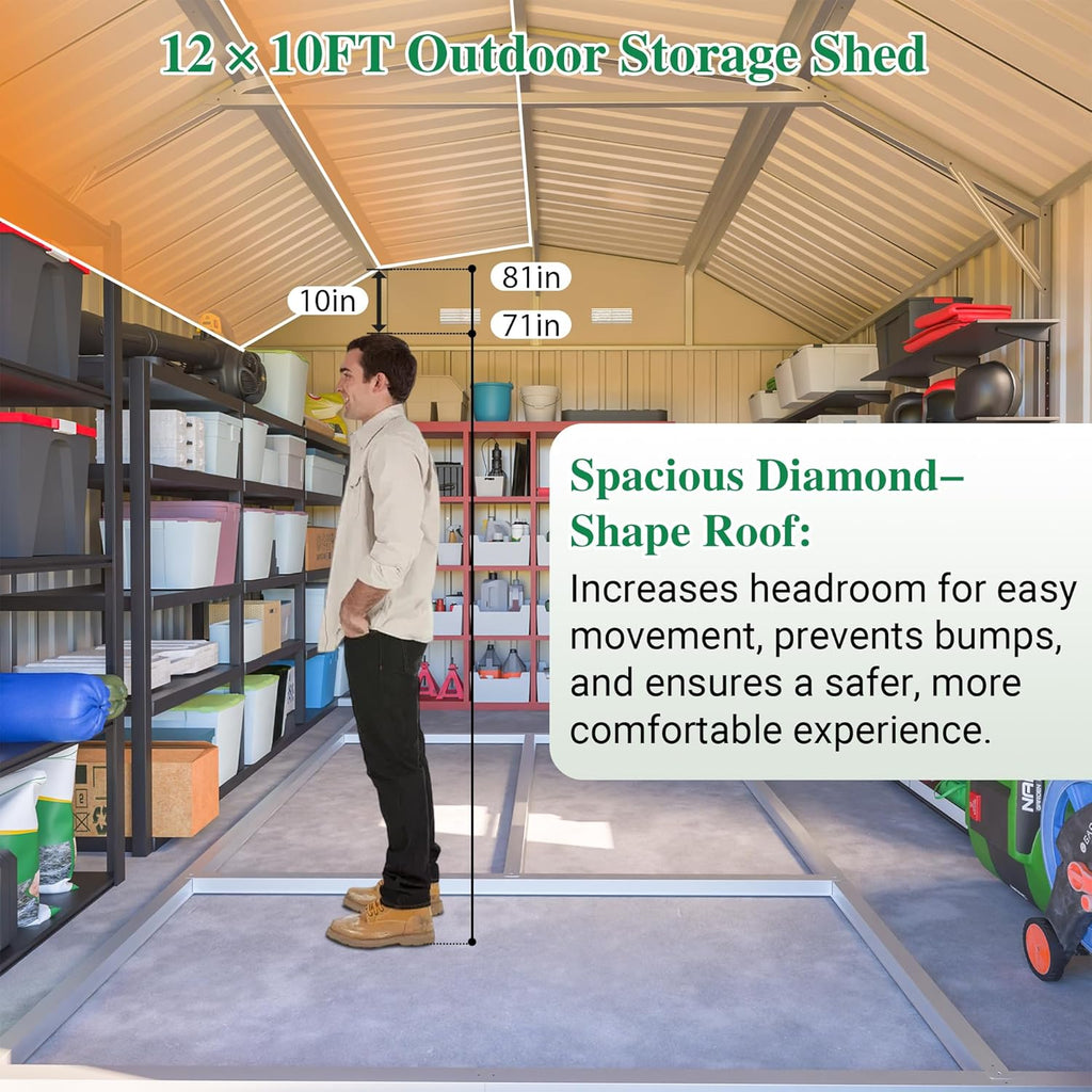 Large Outdoor Storage Shed, 10' X 12' Metal Galvanized Steel Garden Sheds with 4 Vents & 2 Windows, Utility Tool Shed for Backyard, Patio, Lawn,Brown
