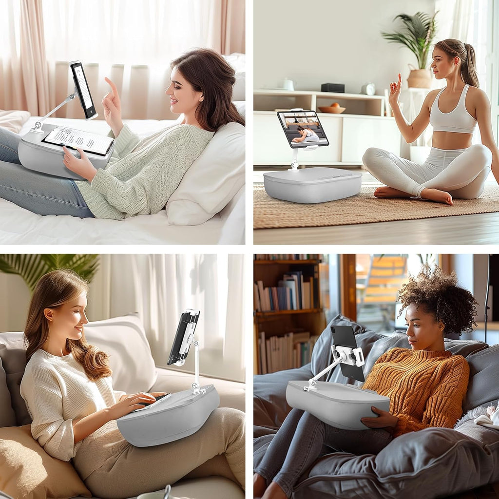 Lap Beanbag Cozy Kindle Pillow Stand for Bed with Adjustable Arm, 360° Tablet Holder, Fits 4.7"-13" Kindle, iPad, Phone, Laptop, Lap Desk for Hands Free Reading in Bed, Couch, Sofa(Light gary)