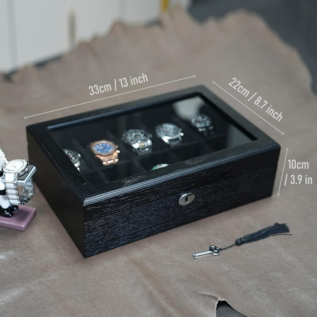 10 Watches Box for Men Watch Display Case, Black Wood Luxury Watch Organizer with Large Glass Window, Ultra Smooth Suede Interior (10W-BB)