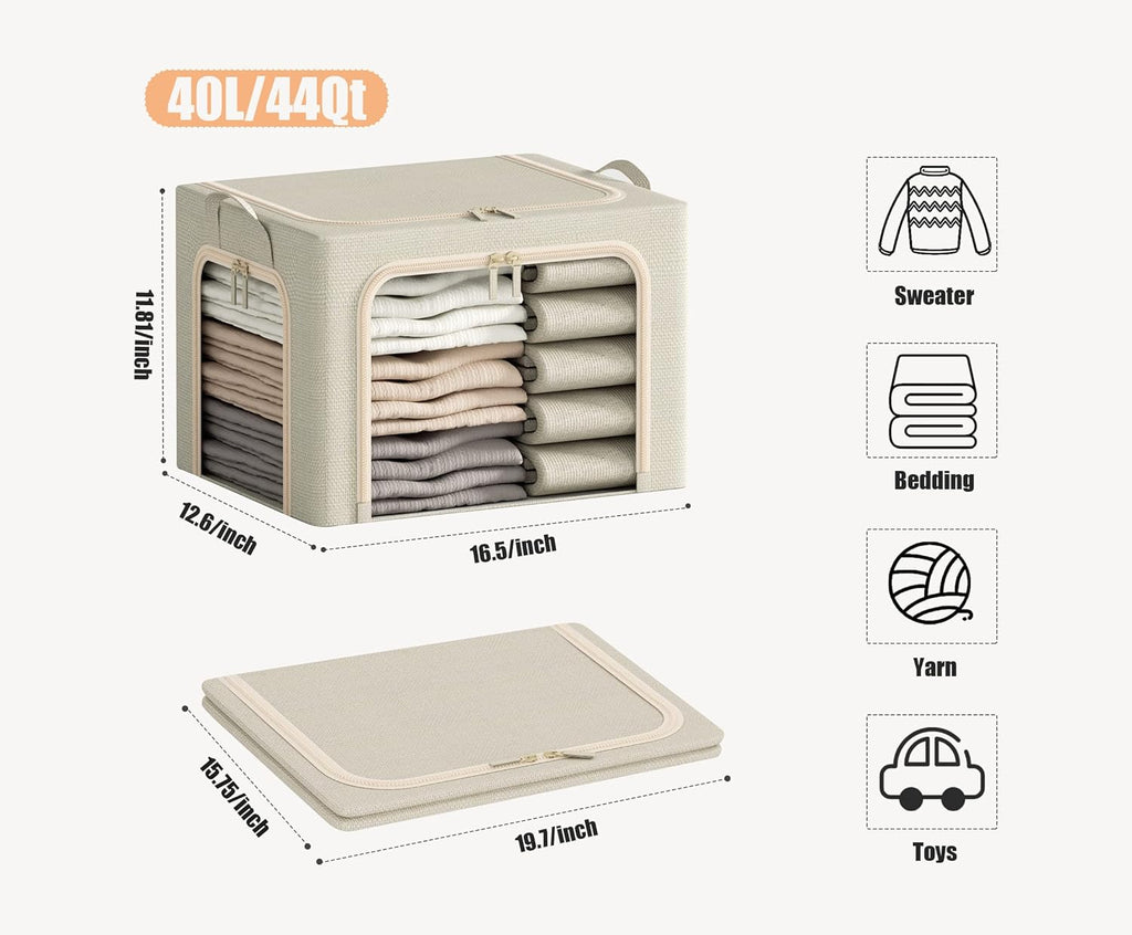 3 Openings Clothes Storage Bins with Metal Frame, Foldable Storage Bin for Clothes, Clothing Storage Bins with Lid, Linen Storage Box With Clear Window＆ Zippers＆ Durable Handles.(3 Pcs,Beige,40L)