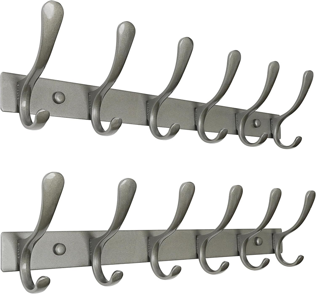 SKOLOO Coat Rack Wall Mounted - 6 Hooks, Pack of 2, Heavy Duty, Stainless Steel, Metal Wall Hanger, Sturdy Coat Hooks for Hanging Coats, Jacket, Clothes, Hat, Matte Grey