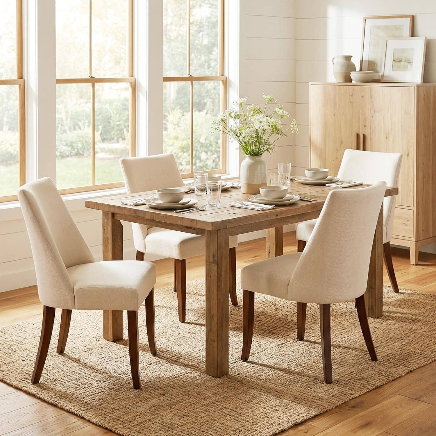 Wooden Dining Chairs Set of 6, Upholstered Farmhouse Fabric Dining Room Chair, Mid Century Kitchen Chair for Restaurant & Cafe, Beige