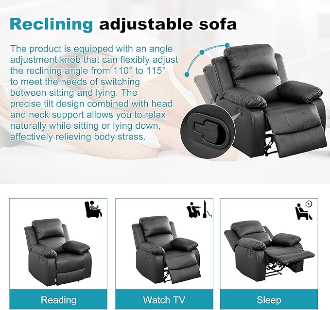 Recliner Sofa Set Couches for Living Room Chair Semi PU Fabric Living Room Furniture Sets, Adjusted Reclining Couch Furniture Sofa Set for Theater Seating, Black