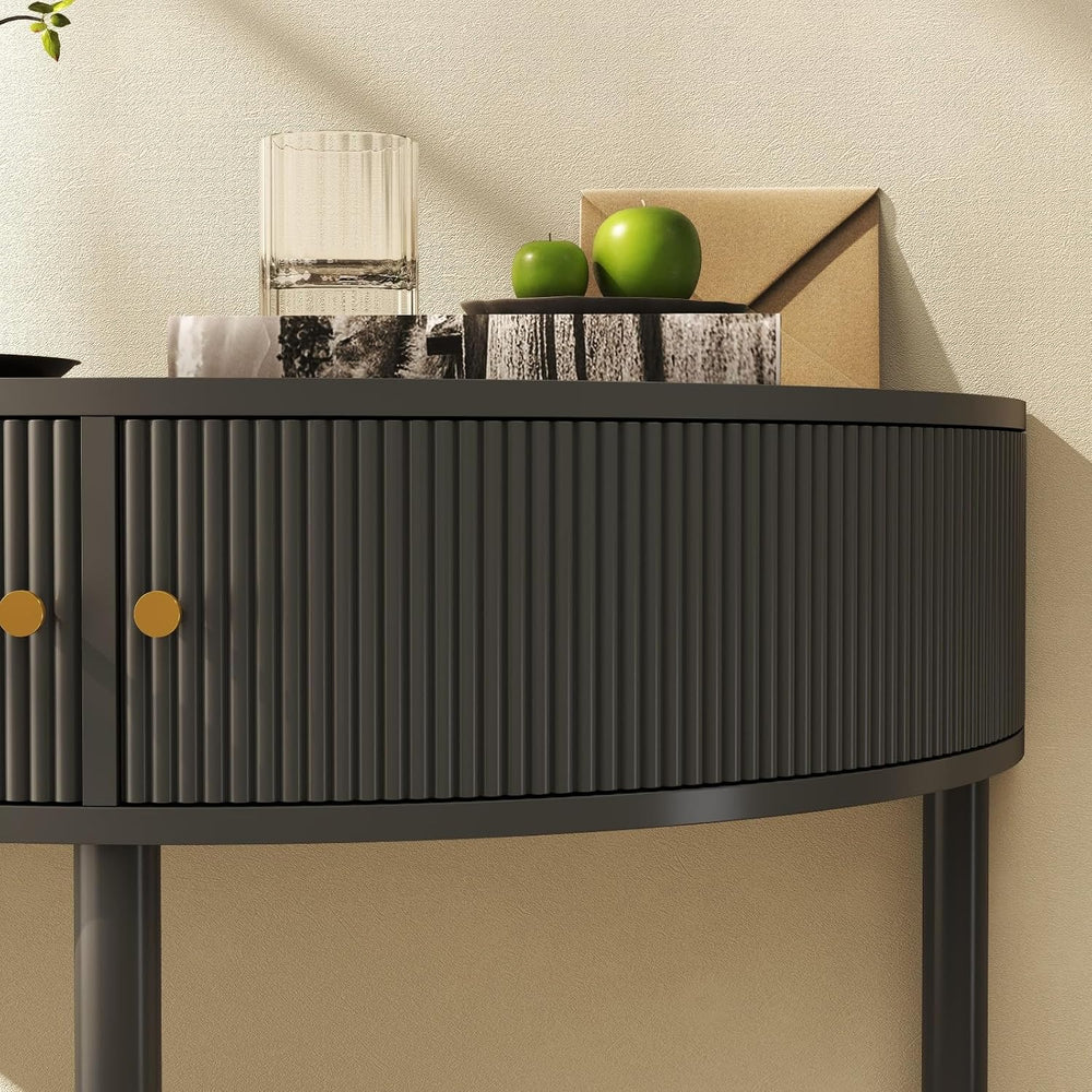 Entryway Table, Artisan-Crafted Half Moon Fluted Console Tables with 2 Rattan...
