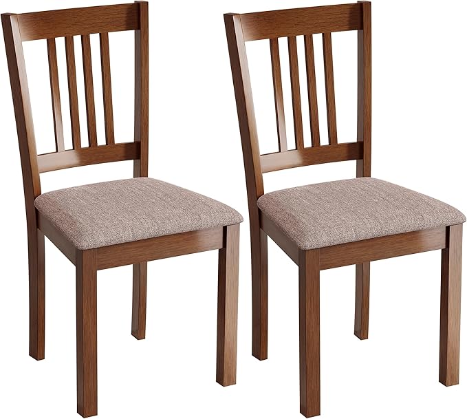 HOMCOM Dining Chairs Set of 2, Solid Wood Kitchen Chairs, Mid Century Modern Linen Fabric Upholstered for Dining Room, Living Room, Walnut Frame and Taupe Upholstery