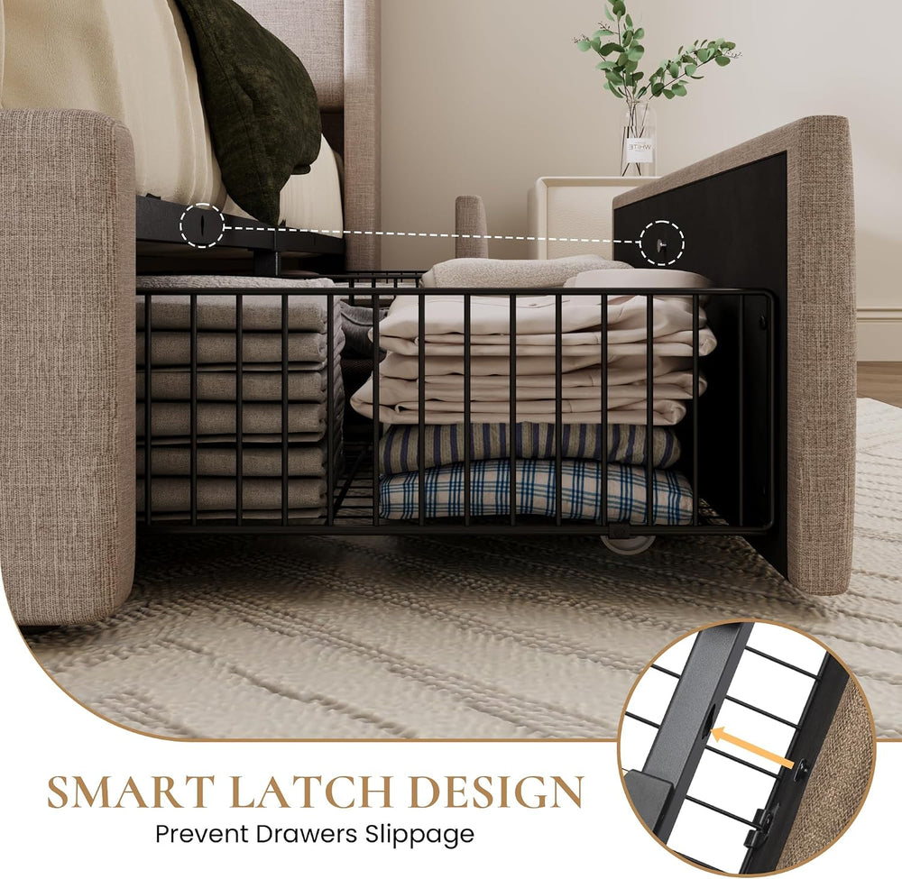 SHA CERLIN King Size Storage Bed Frame with 4 Oversized Drawers, Modern Wingb...