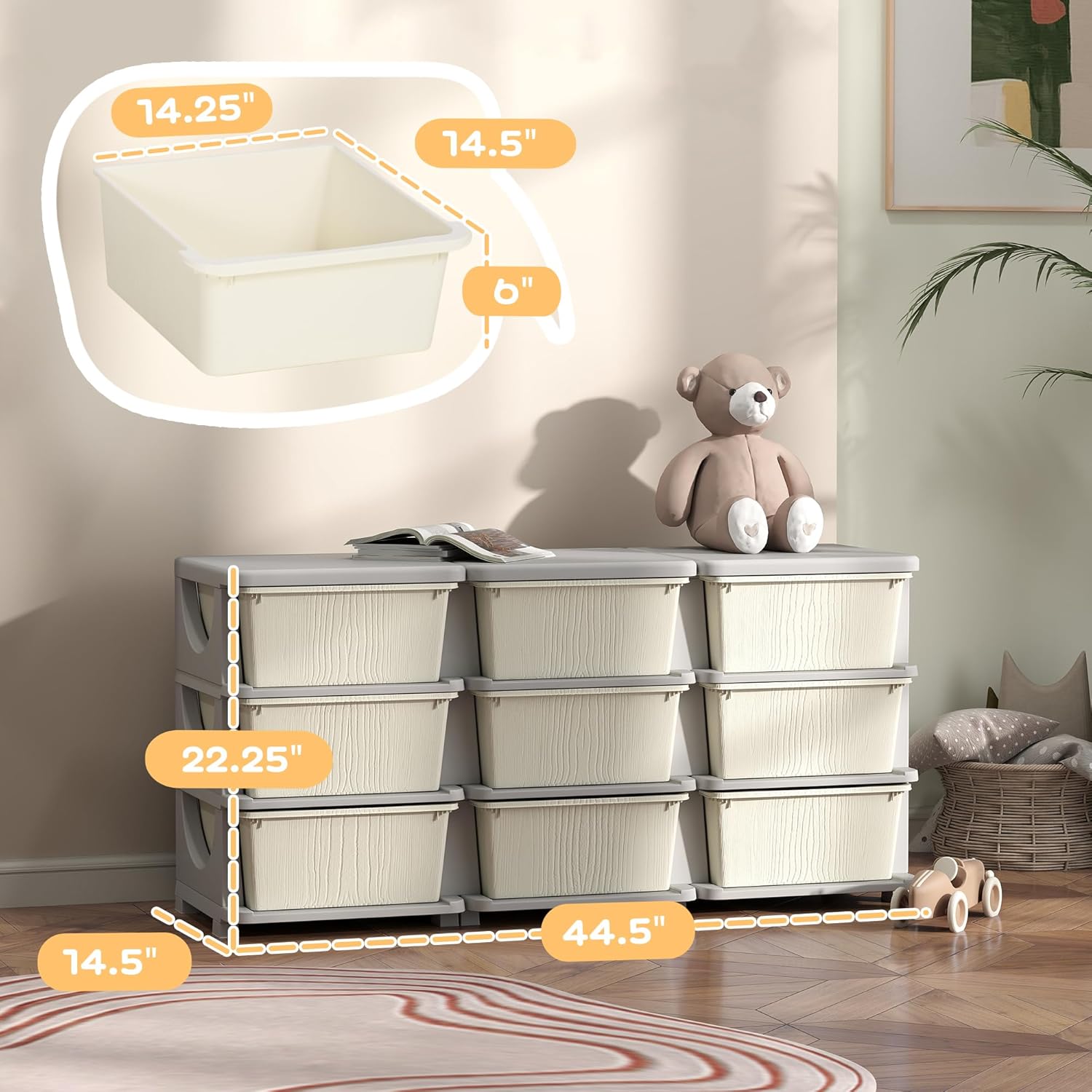 Qaba 3 Tier Kids Storage Unit, 9 Drawer Chest Toy Organizer Plastic Bins for Kids Bedroom Nursery Kindergarten Living Room for Boys Girls Toddlers, Cream White