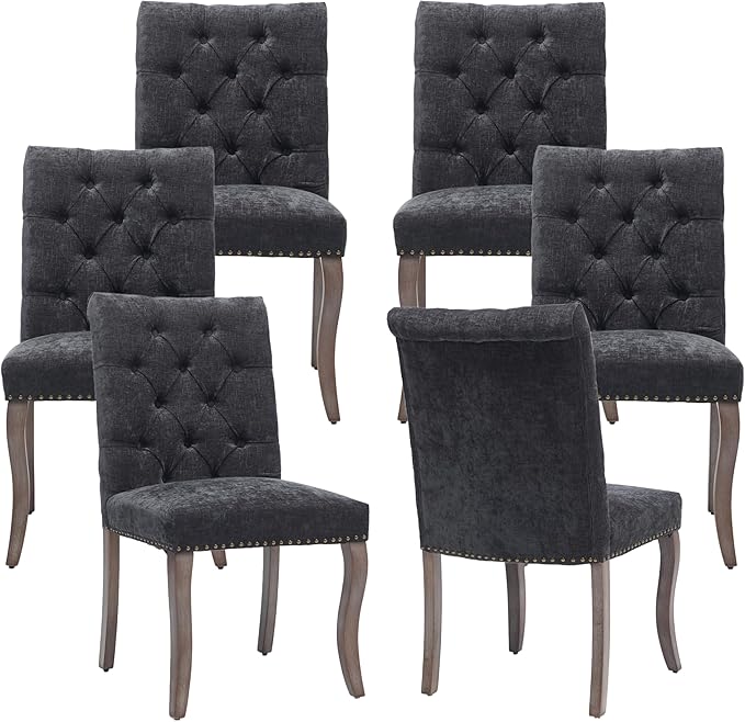 Upholstered Tufted Chenille Dining Side Chairs, Armless Nailhead Trim Chairs with Solid Wood Legs, Modern Farmhouse Chairs for Dining Room, Kitchen & Living Room (Set of 6, Charcoal Gray)