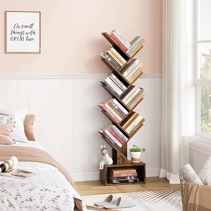 Hoctieon 9 Tier Tree Bookshelf, Tall Bookcase with Drawer, Wood Book Shelf, M...