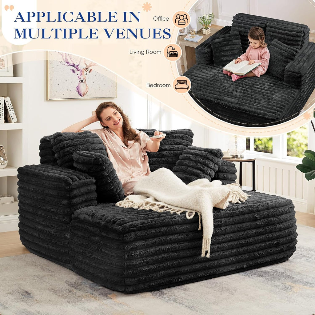 Oversized Chaise Lounge Indoor, Modern Plush Faux Fur Fabric Deep Seat Boneless Memory Foam Sleeper Chaise Lounge Sofa Chair with Pillows for Living Room Bedroom Studio, No Assembly Couch, Black