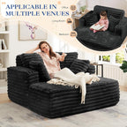 Oversized Chaise Lounge Indoor, Modern Plush Faux Fur Fabric Deep Seat Boneless Memory Foam Sleeper Chaise Lounge Sofa Chair with Pillows for Living Room Bedroom Studio, No Assembly Couch, Black