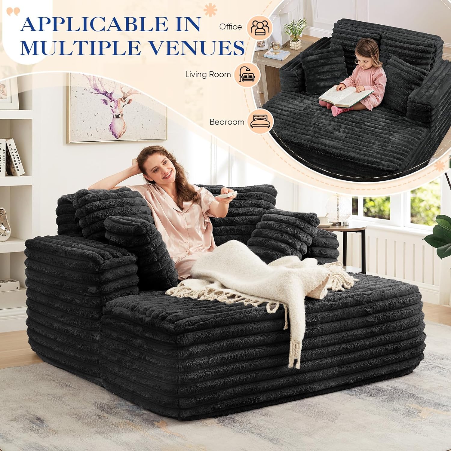 Oversized Chaise Lounge Indoor, Modern Plush Faux Fur Fabric Deep Seat Boneless Memory Foam Sleeper Chaise Lounge Sofa Chair with Pillows for Living Room Bedroom Studio, No Assembly Couch, Black