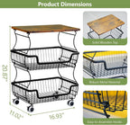 2 Pack Pantry Floor Organizeron with Wheels, 3 Tier Rolling Fruit Vegetable Basket for Kitchen Stackable Wire Basket Stand for Home Removable Metal Vegetable Rack Wire Snack Cart