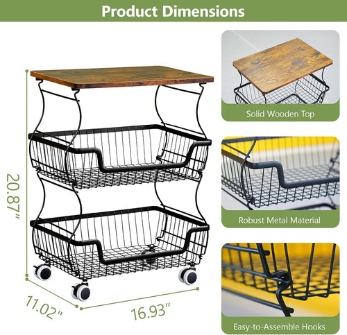 2 Pack Pantry Floor Organizeron with Wheels, 3 Tier Rolling Fruit Vegetable Basket for Kitchen Stackable Wire Basket Stand for Home Removable Metal Vegetable Rack Wire Snack Cart