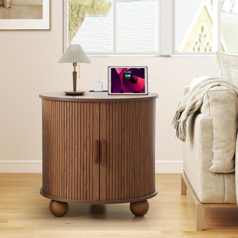 AVZEAR 24" Large Round End Table with Charging Station, Farmhouse Fluted...