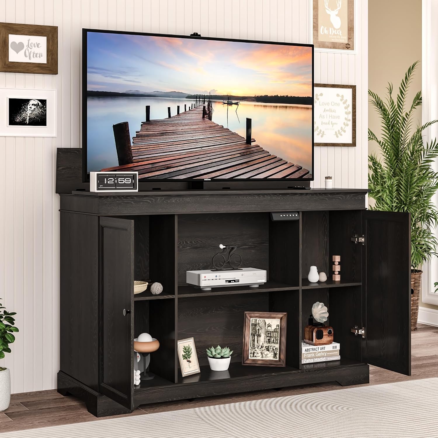 GDLF Hidden Motorized TV Lift Cabinet for 55-65 Inch TVs, Walnut | Remote control operation raises or lowers the screen, while interior compartments organize media devices and accessories