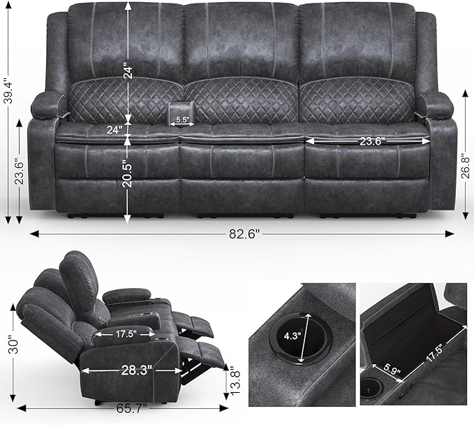 Velvet Fabric Recliner Sofa, 3 Seater Manual Reclining Sofa with 2-Tier Cushion, Reclining Couches for Living Room with Removable Console, Hidden Storage Space, Cup Holders - Grey