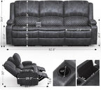 Velvet Fabric Recliner Sofa, 3 Seater Manual Reclining Sofa with 2-Tier Cushion, Reclining Couches for Living Room with Removable Console, Hidden Storage Space, Cup Holders - Grey